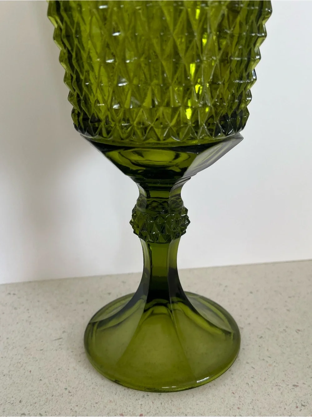Indiana Glass Diamond Point Green Compote Pedestal Vase /Planter 11” Mid Century